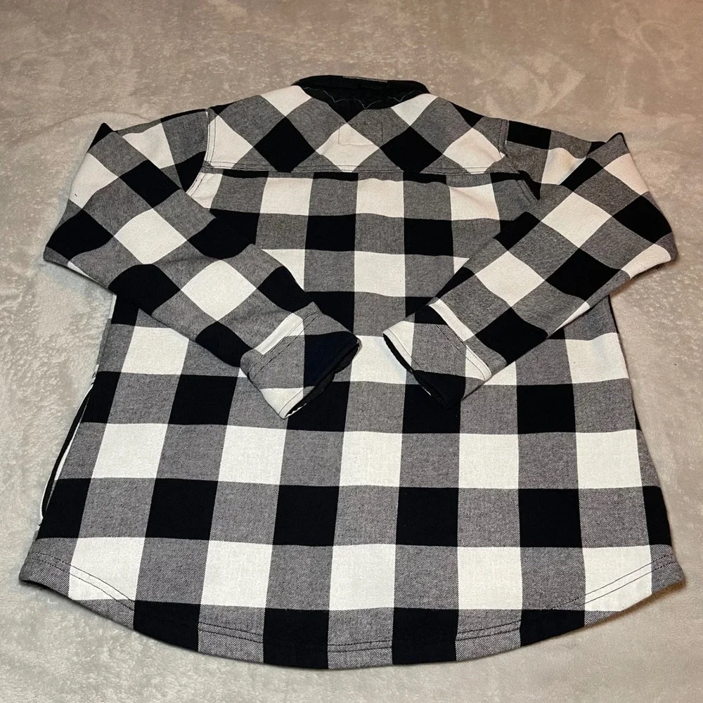 Orvis Jacket Womens XL Black White Buffalo Plaid Fleece Lined Snap Front Shirt